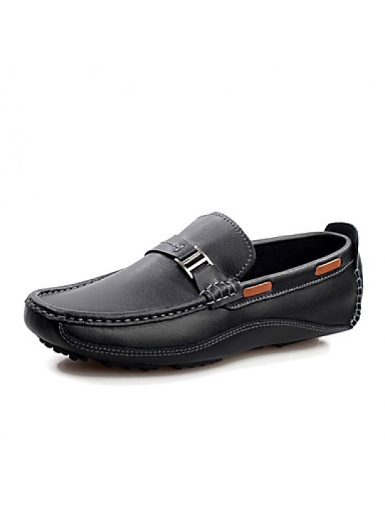 Men's Shoes Leather Casual Boat Shoes Casual Flat Heel Slip-on Black / Blue / Brown  